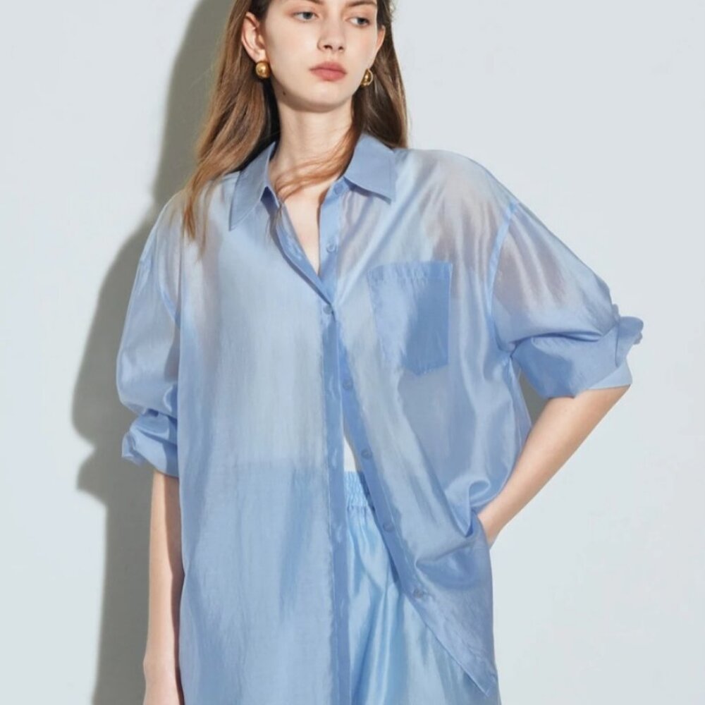 Toyouth Sky Blue Tencel Shirt Lightweight Sun Protection Top